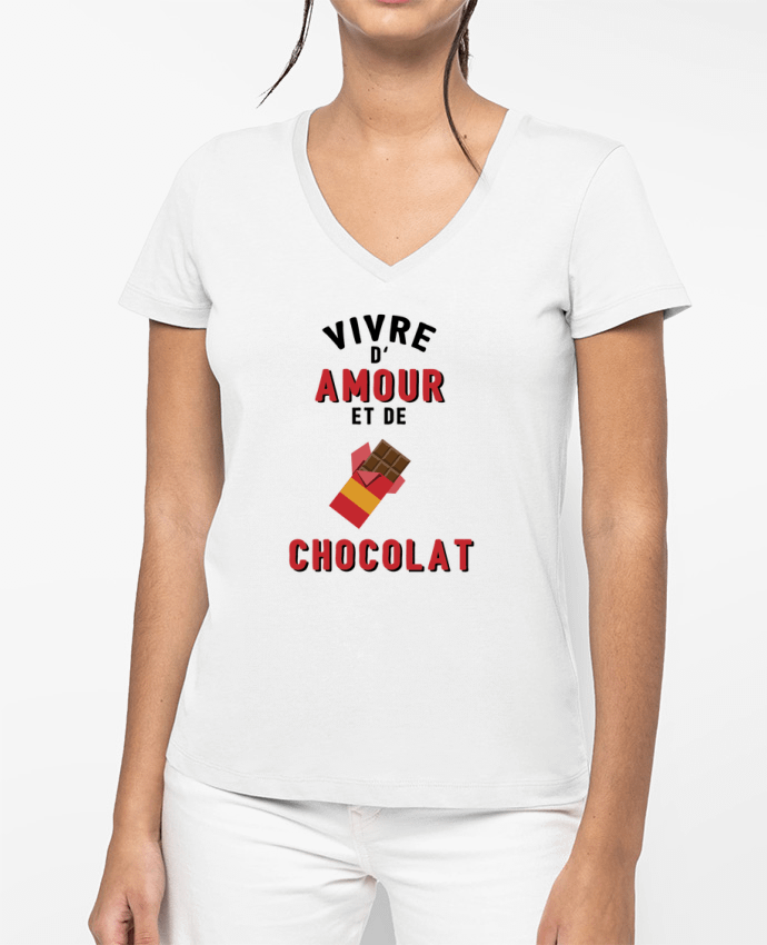 T-shirt femme col V Vivre d'amour et de chocolat par tunetoo