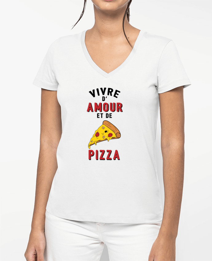 T-shirt femme col V Vivre d'amour et de pizza par tunetoo