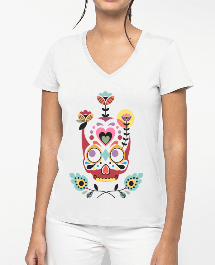 T-shirt femme col V Calavera fleurie par Tête Au Carré