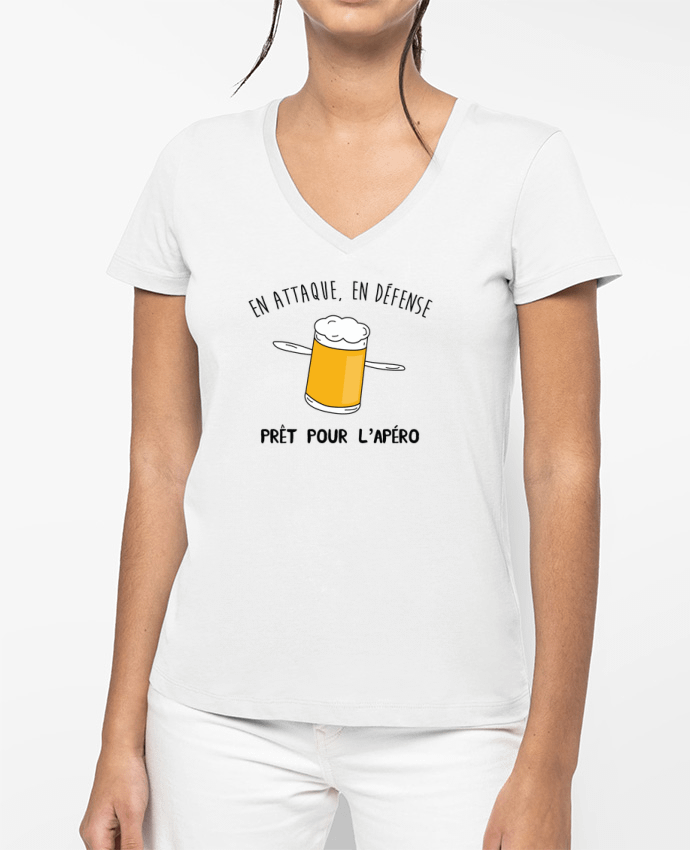 T-shirt écoresponsable col V femme en attaque en défense, prêt pour l'apéro by tunetoo