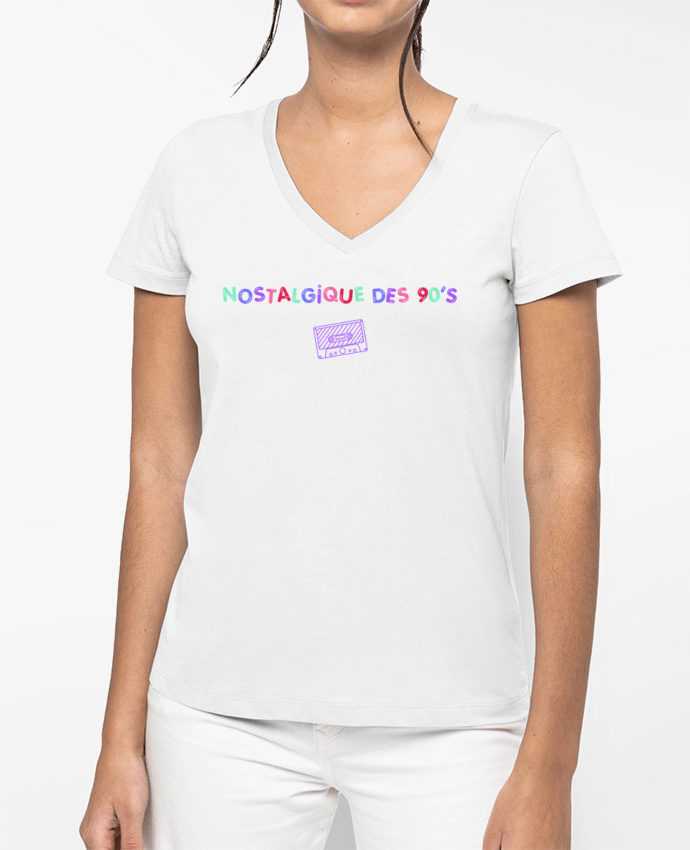 T-shirt femme col V Nostalgique 90s Cassette par tunetoo