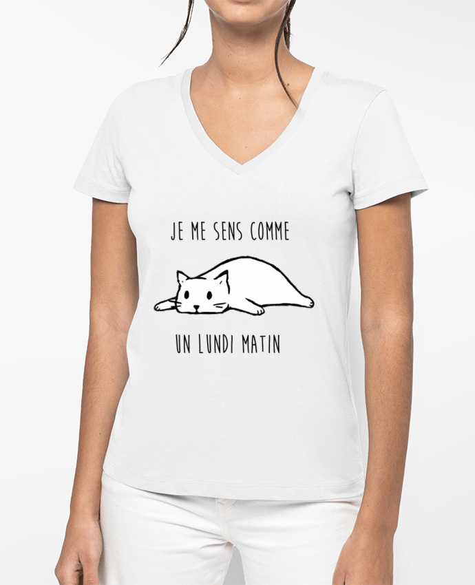T-shirt femme col V chat - je me sens comme un lundi matin par DesignMe