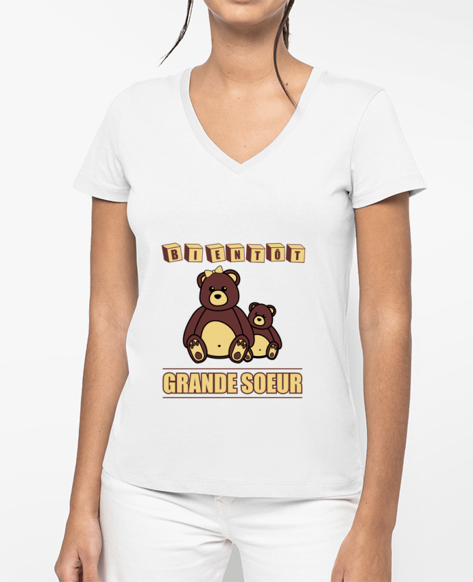 T-shirt écoresponsable col V femme Bientôt Grande Soeur por Benichan