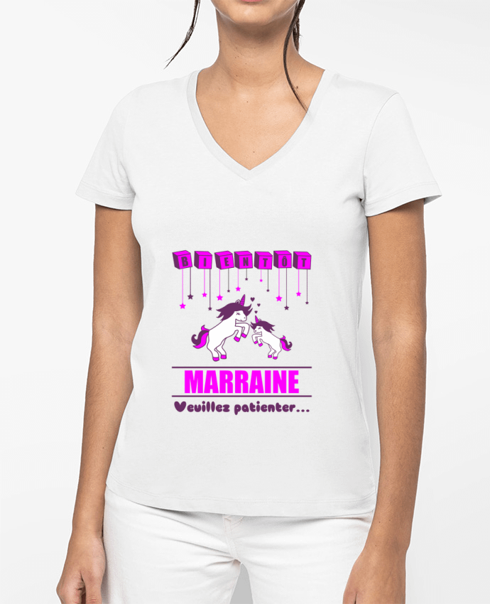 T-shirt femme col V Bientôt Marraine, future marraine, licorne par Benichan