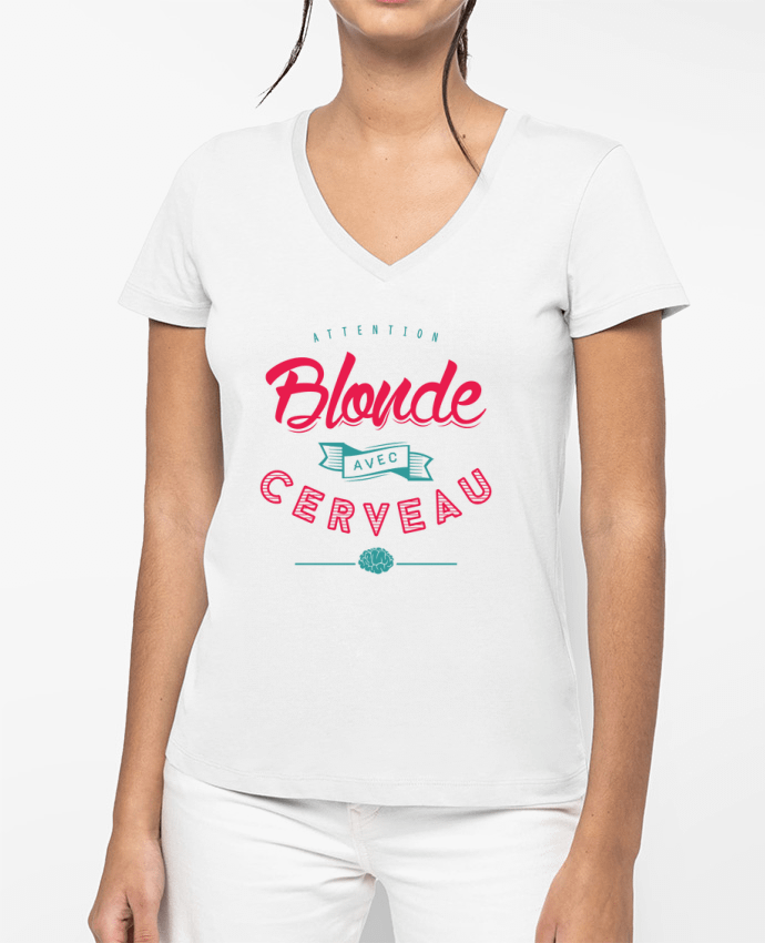 T-shirt écoresponsable col V femme BLONDE AVEC CERVEAU by PTIT MYTHO