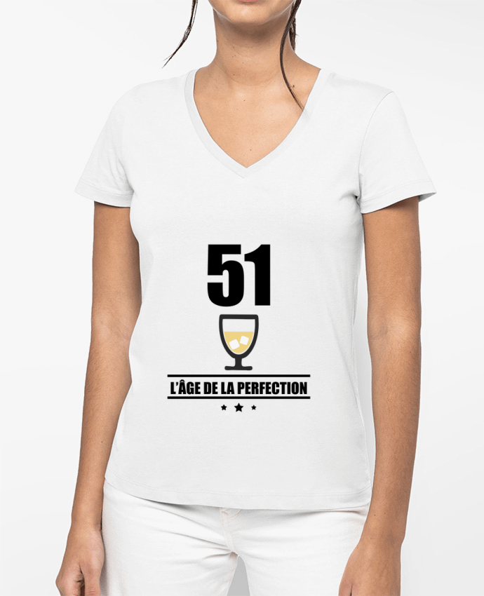 T-shirt écoresponsable col V femme 51 ans, âge de la perfection, pastis, anniversaire by Benichan