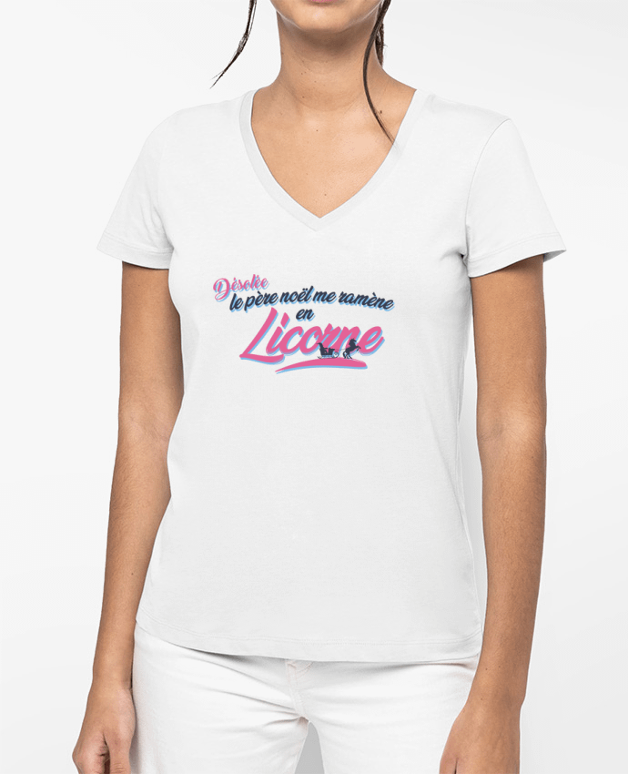 T-shirt femme col V Le père noël me ramène en licorne par tunetoo