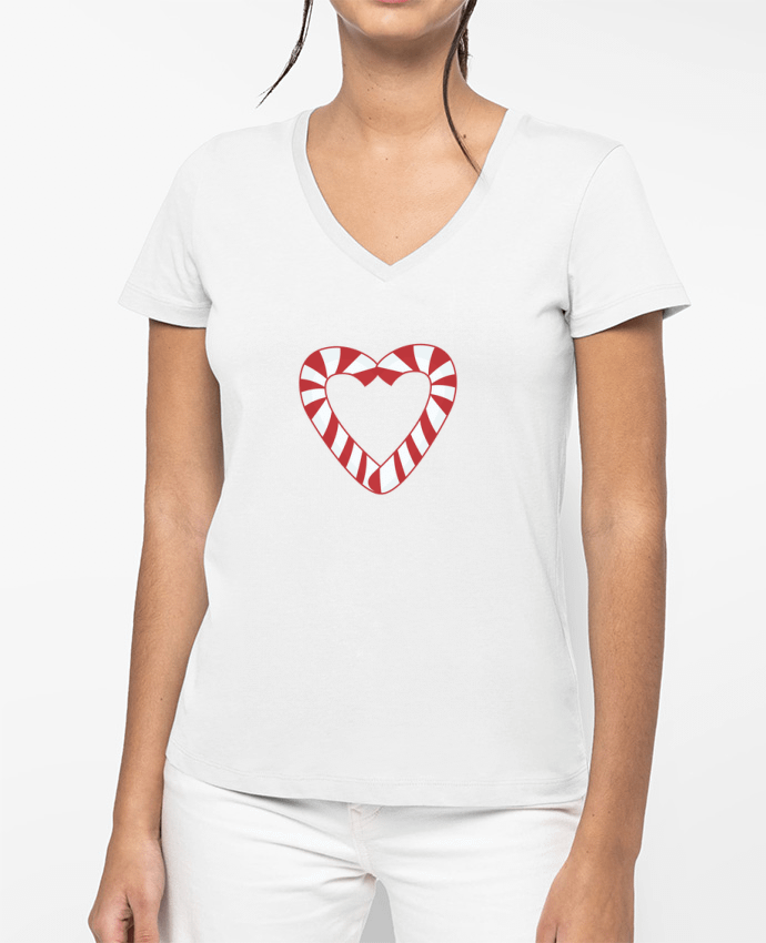 T-shirt écoresponsable col V femme Christmas Candy Cane Heart por tunetoo