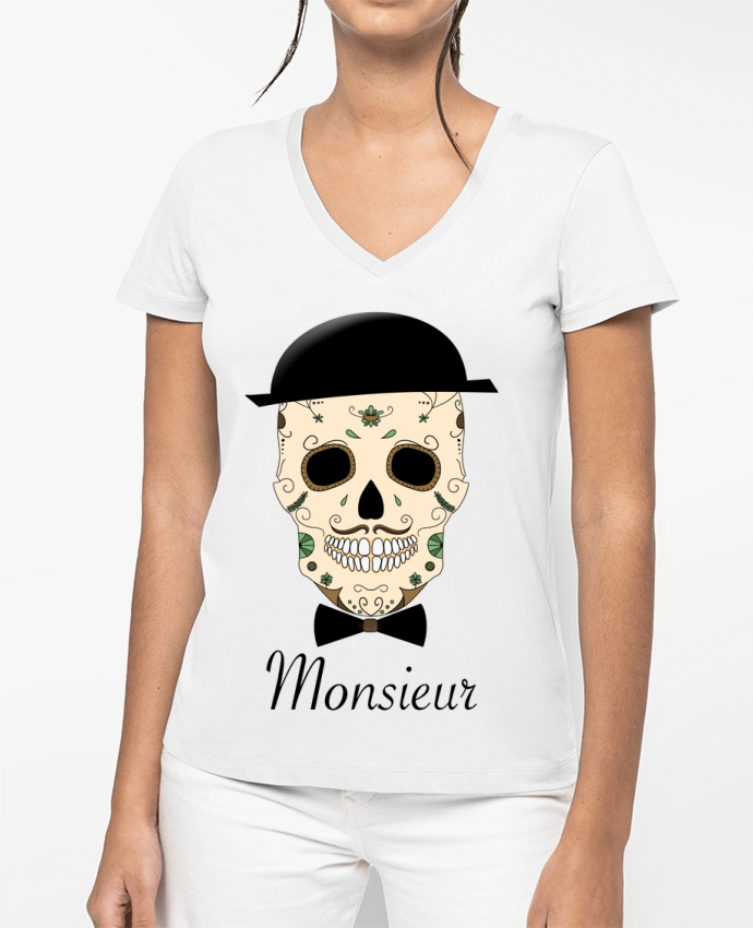T-shirt femme col V Calavera Monsieur par Mx ARTificiel