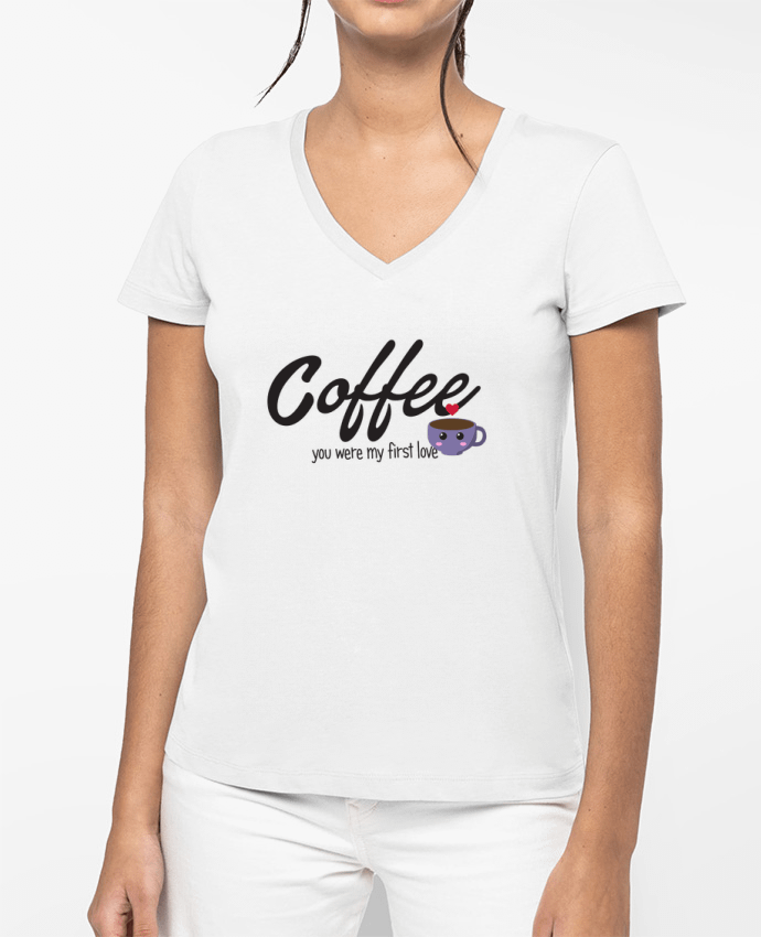 T-shirt femme col V Coffee you were my first love par tunetoo