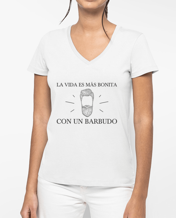 T-shirt femme col V La vida es más bonita con un barbudo par tunetoo