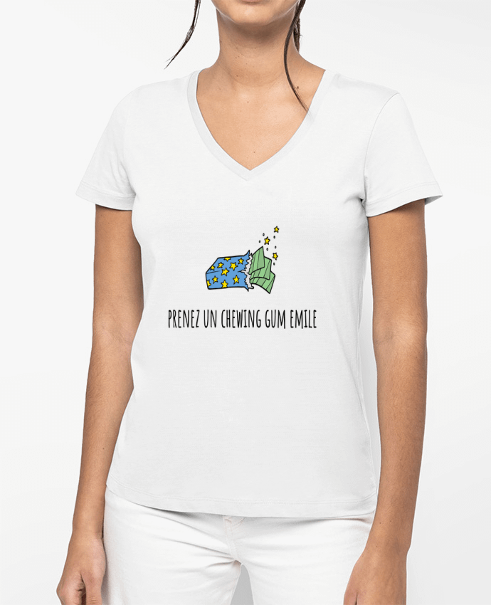T-shirt femme col V Prenez un chewing gum Emile, citation film la cité de la peur. par Mlle Coco