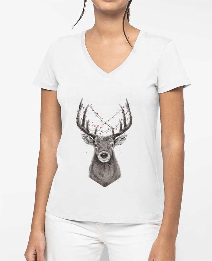 T-shirt femme col V Xmas deer par Balàzs Solti