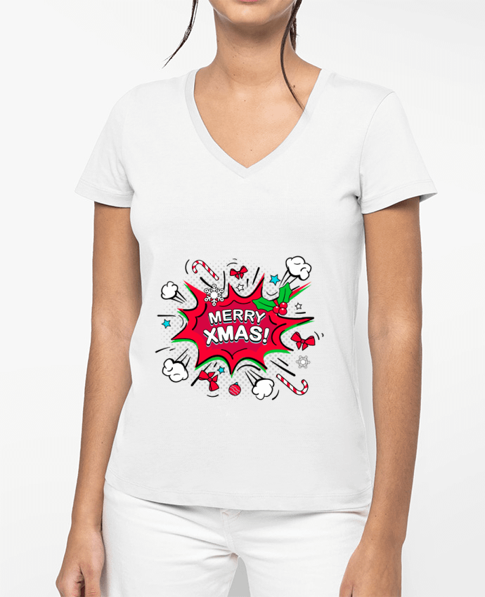 T-shirt écoresponsable col V femme Merry XMAS por MAX AND MORE