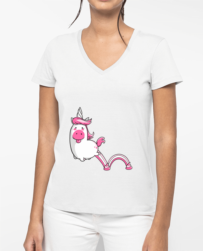 T-shirt femme col V Licorne Sautillante - Version rose par TOMI AX