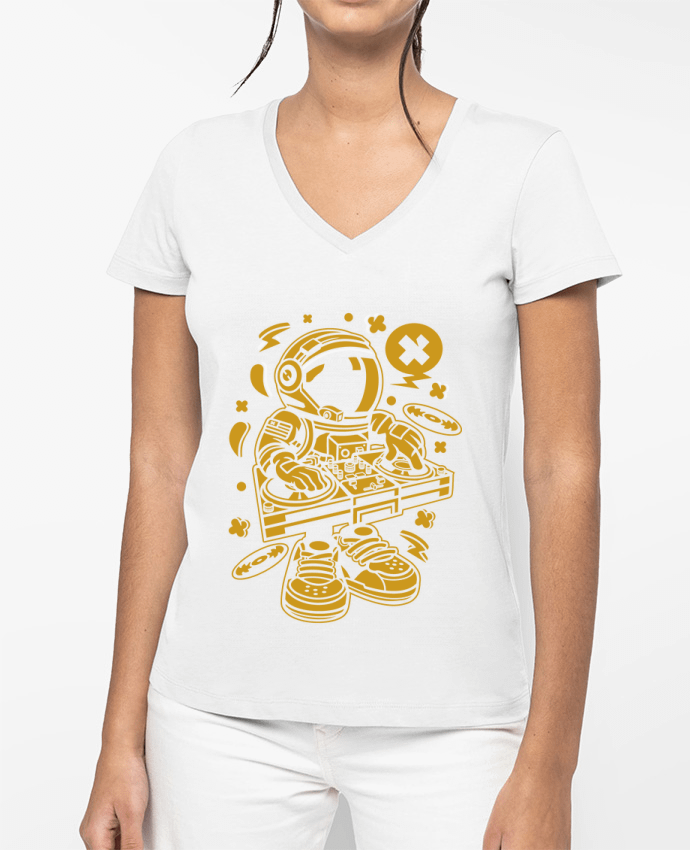 T-shirt femme col V Dj Astronaute Golden Cartoon | By Kap Atelier Cartoon par Kap Atelier