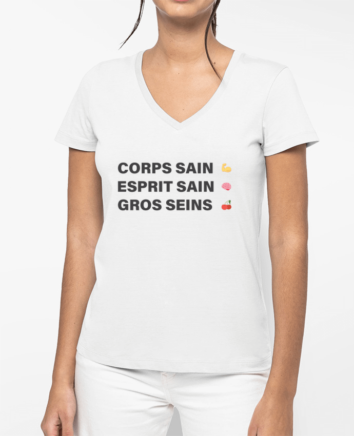 T-shirt femme col V Corps sain Esprit Sain gros Seins par tunetoo