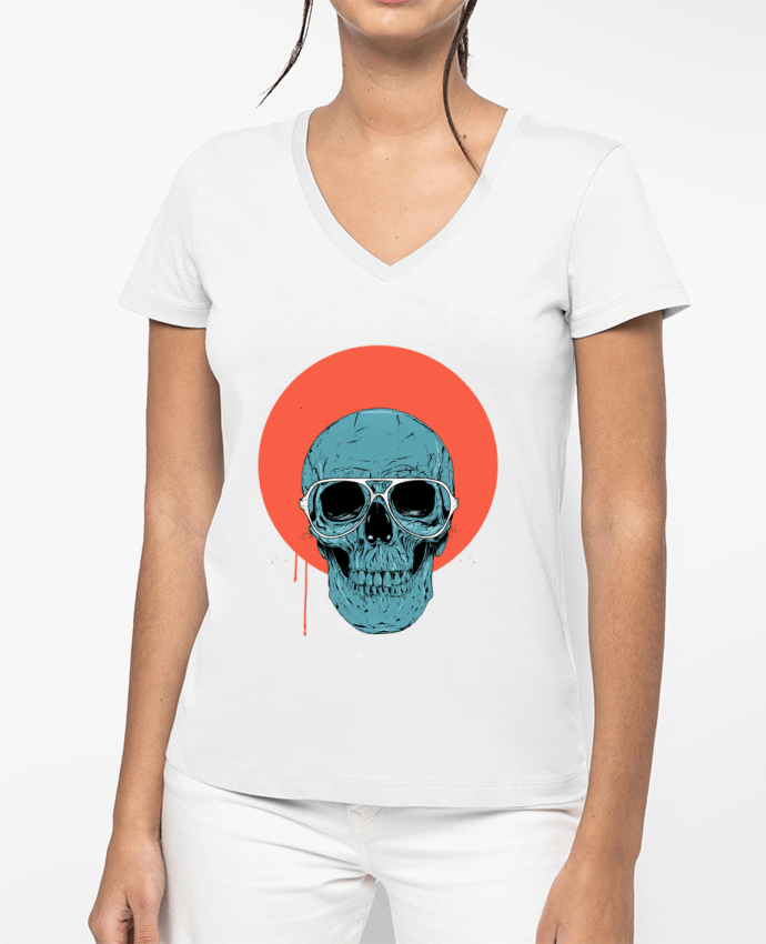 T-shirt femme col V Blue skull par Balàzs Solti