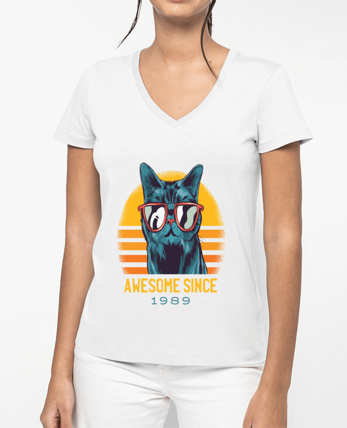 T-shirt femme col V Awesome Cat par cottonwander