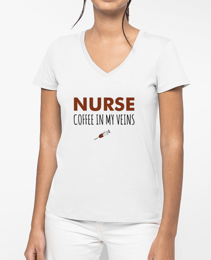 T-shirt femme col V Nurse coffee in my veins par tunetoo