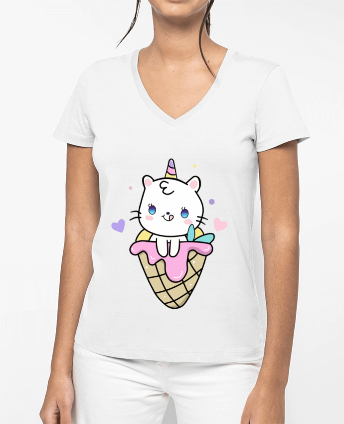 T-shirt femme col V Gato Unicornio Helado Cucurucho par MaaxLoL