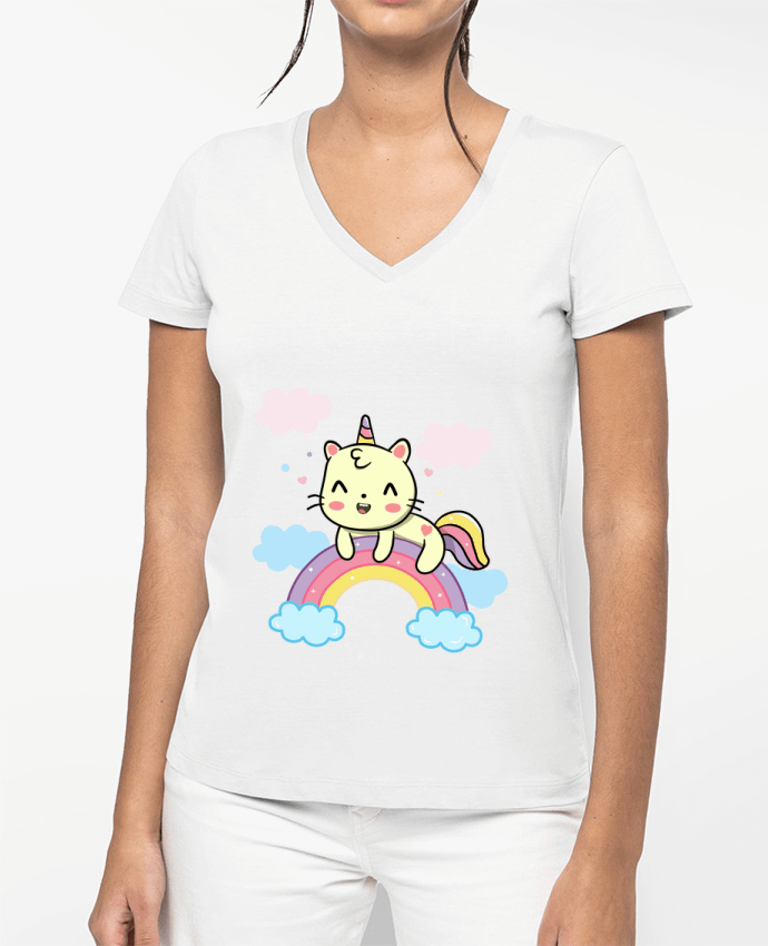 T-shirt femme col V Gato Feliz sobre Arcoiris par MaaxLoL