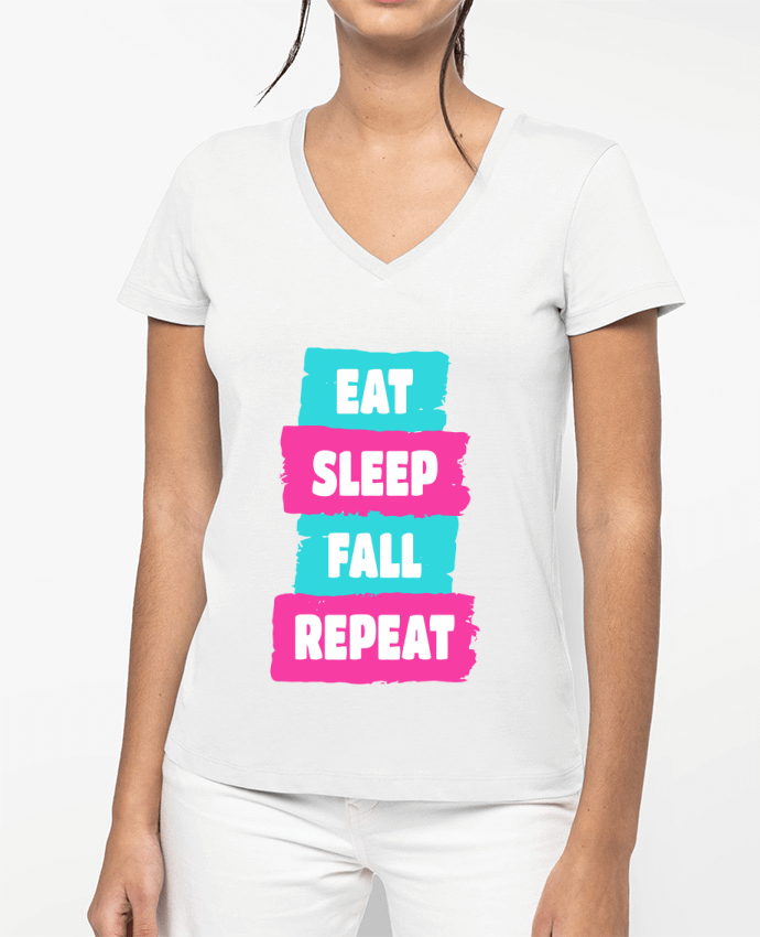 T-shirt femme col V Eat Sleep Fall Repeat - Fall Guys par Geekshow