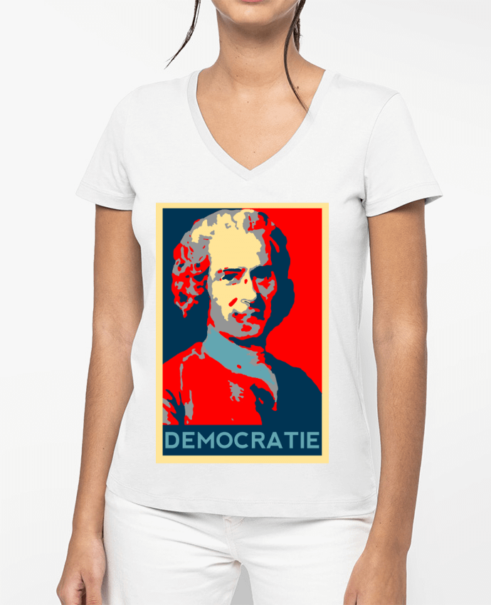 T-shirt femme col V Jean-Jacques Rousseau - Démocratie par Hémipléjik