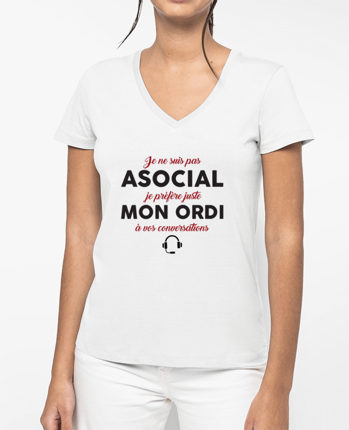 T-shirt femme col V Je préfère mon ordi par tunetoo