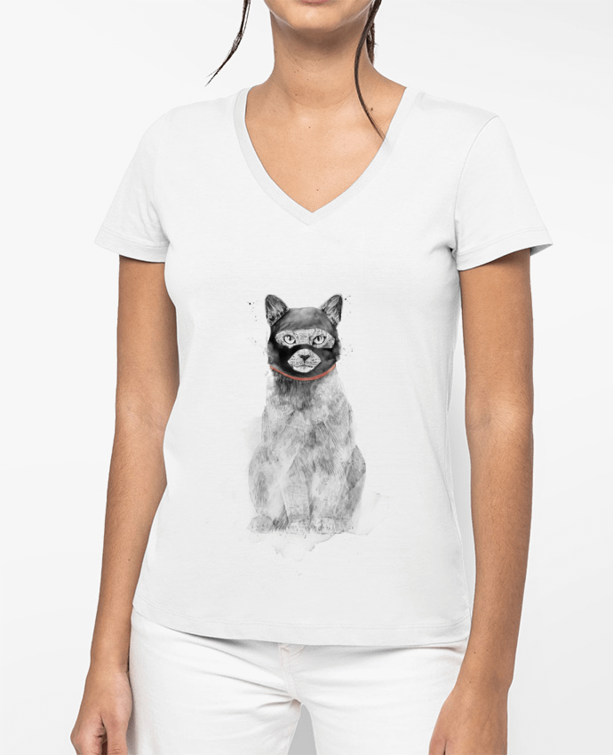 T-shirt femme col V Masked cat par Balàzs Solti
