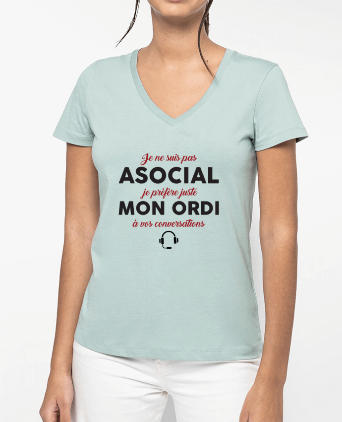 T-shirt femme col V Je préfère mon ordi par tunetoo