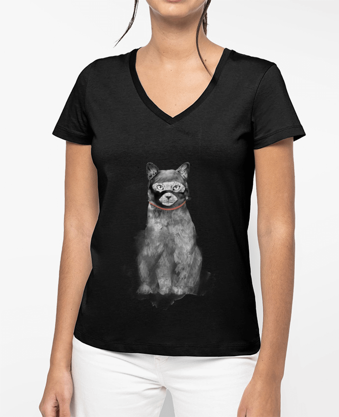 T-shirt femme col V Masked cat par Balàzs Solti