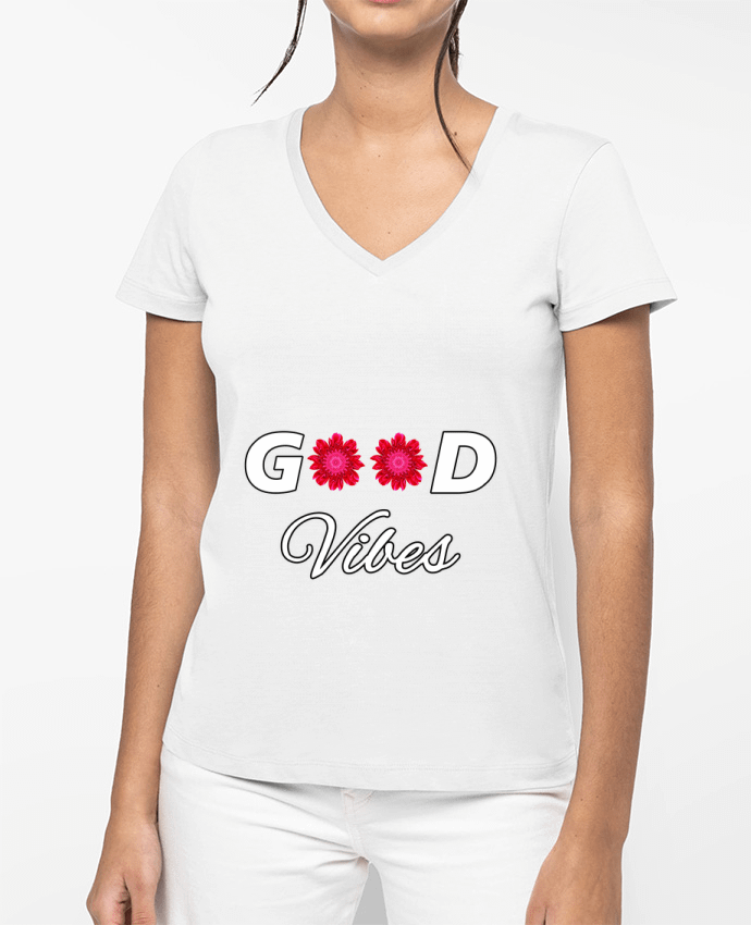 T-shirt femme col V Good Vibes avec Fleurs Roses et Rouges par LV-CREATOR