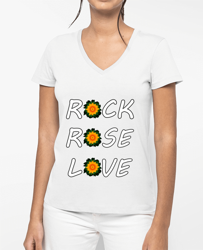 T-shirt écoresponsable col V femme Rock, Rose, Love avec fleurs Oranges et Vertes por LV-CREATOR
