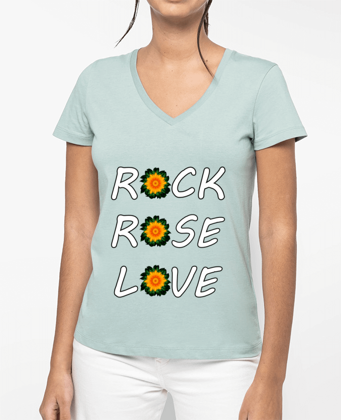 T-shirt femme col V Rock, Rose, Love avec fleurs Oranges et Vertes par LV-CREATOR