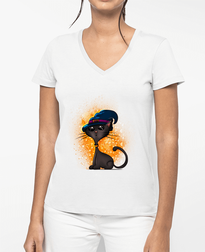 T-shirt femme col V Chat sorcier d'halloween par GraphiCK-Kids
