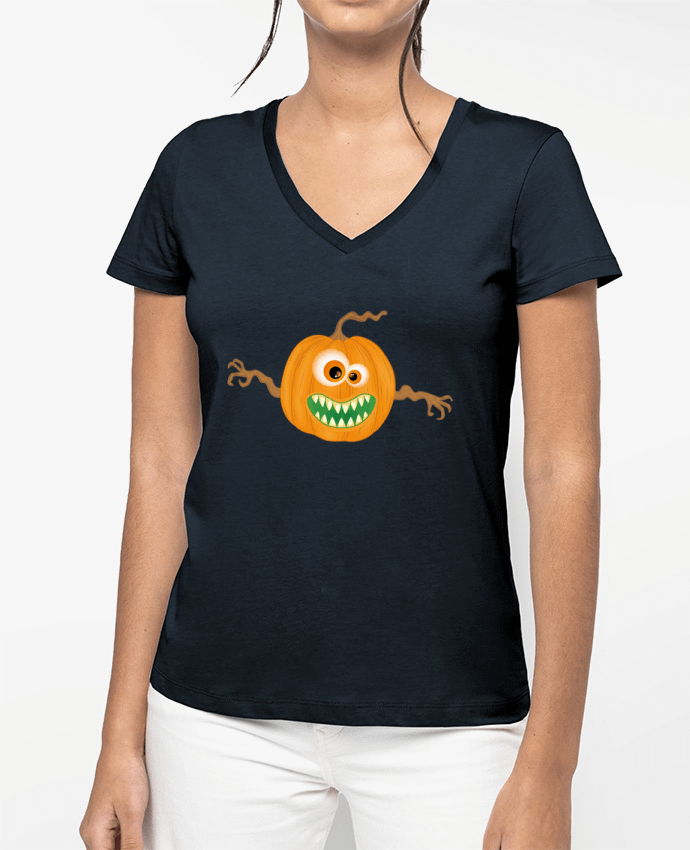 T-shirt femme col V Monstre citrouille halloween par Lumagayo