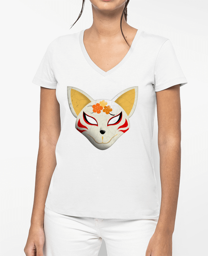 T-shirt femme col V Masque renard kabuki par Lamouchenoire