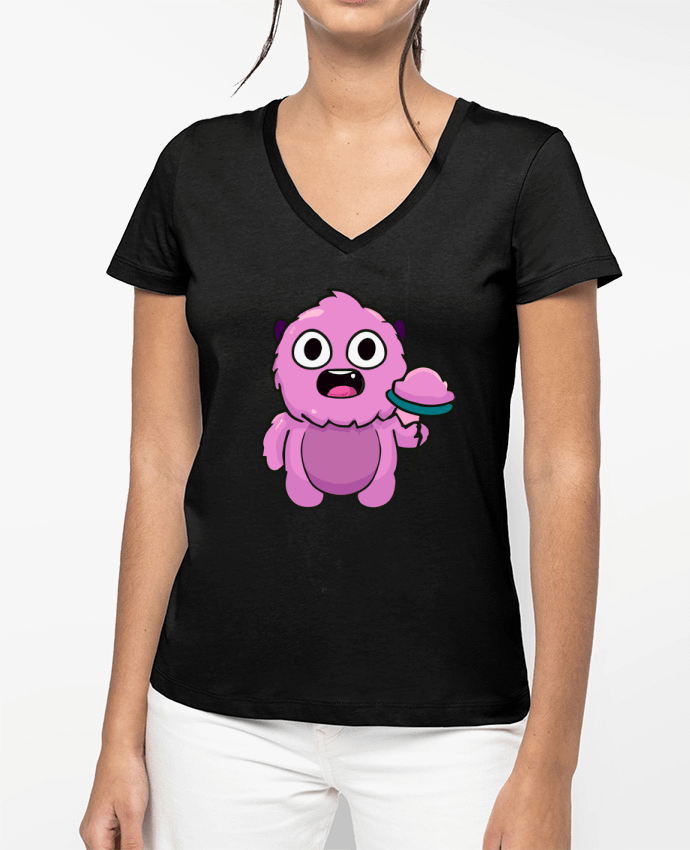 T-shirt femme col V Mignon monstre rose par justsayin