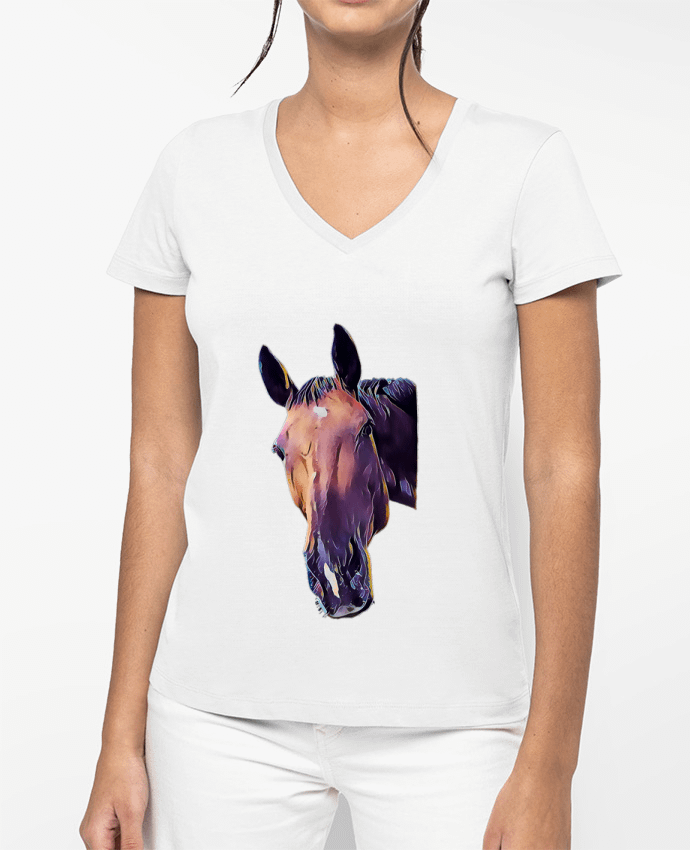 T-shirt femme col V tete jument par Cafeine