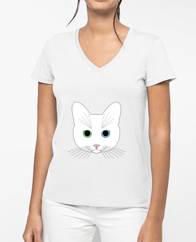 T-shirt femme col V Chat blanc yeux vert bleu par Finger L