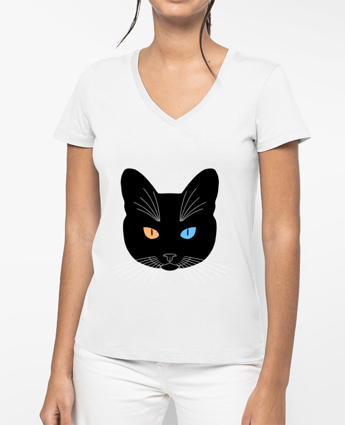 T-shirt femme col V Chat tête noir yeux orange bleu par Finger L