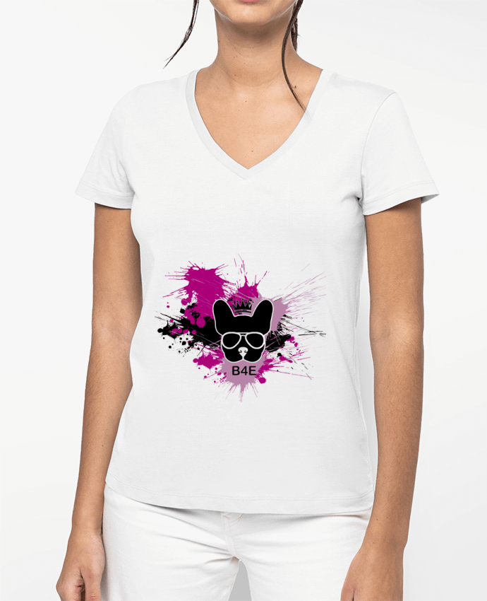 T-shirt femme col V Bouledogue rose peinture par Toncadeauperso