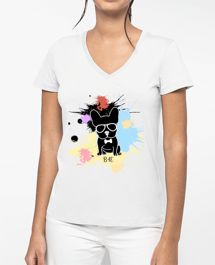 T-shirt femme col V Bouledogue peinture diverses par Toncadeauperso