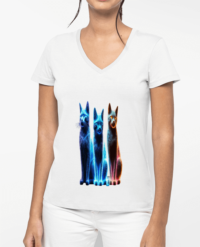 T-shirt femme col V Chats Néons par InkBK
