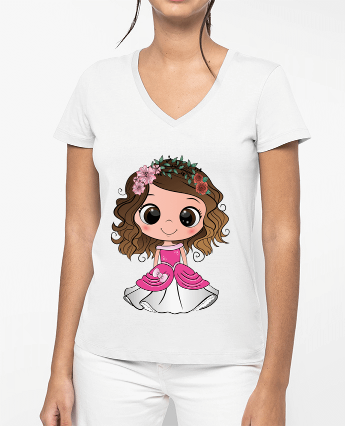 T-shirt femme col V Princesse brune aux yeux bruns avec une robe rose par EmmaCreation