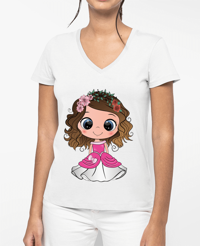 T-shirt femme col V Princesse brune aux yeux bleus par EmmaCreation