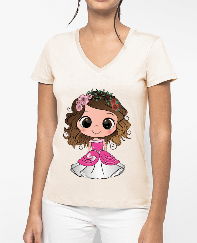 T-shirt femme col V Princesse brune aux yeux bruns avec une robe rose par EmmaCreation