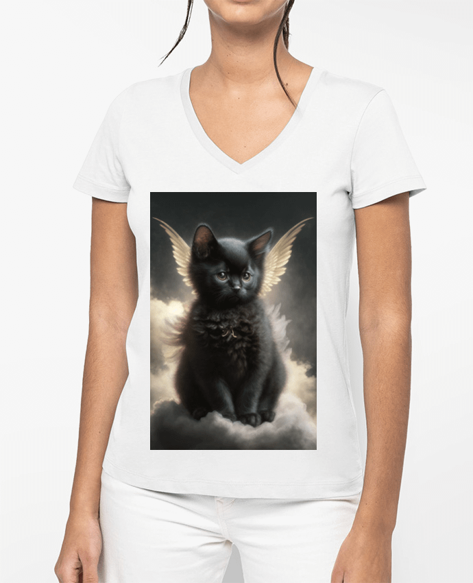 T-shirt femme col V Chat Noir Ange par NewDesignPhoto