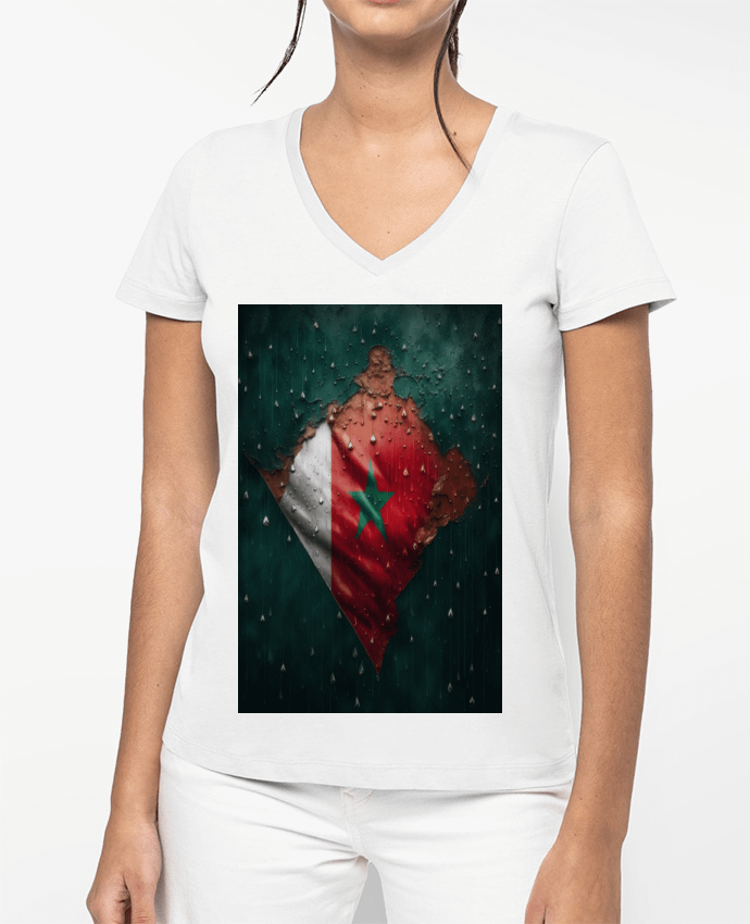T-shirt femme col V Drapeau Maroc sous la Pluie par NewDesignPhoto